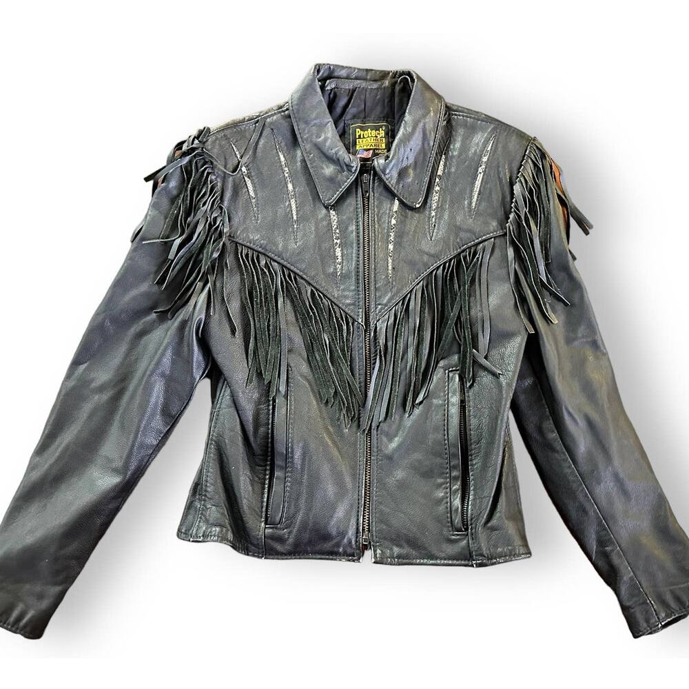 Vintage Protech Leather Apparel Jacket Snake Fringe Black Biker Moto Western